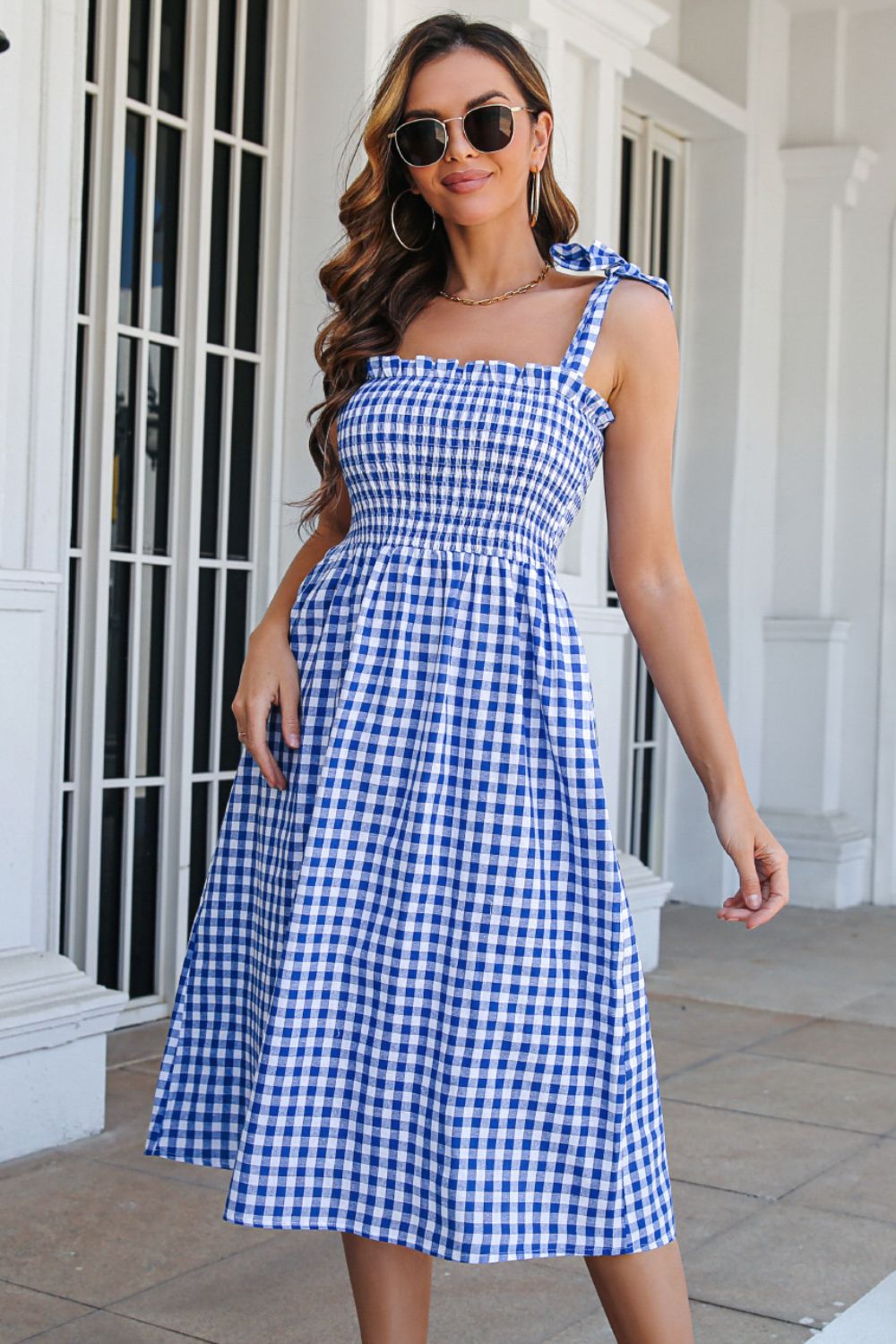 Honeybee Mumford's Plaid Frill Trim Tie Shoulder Dress