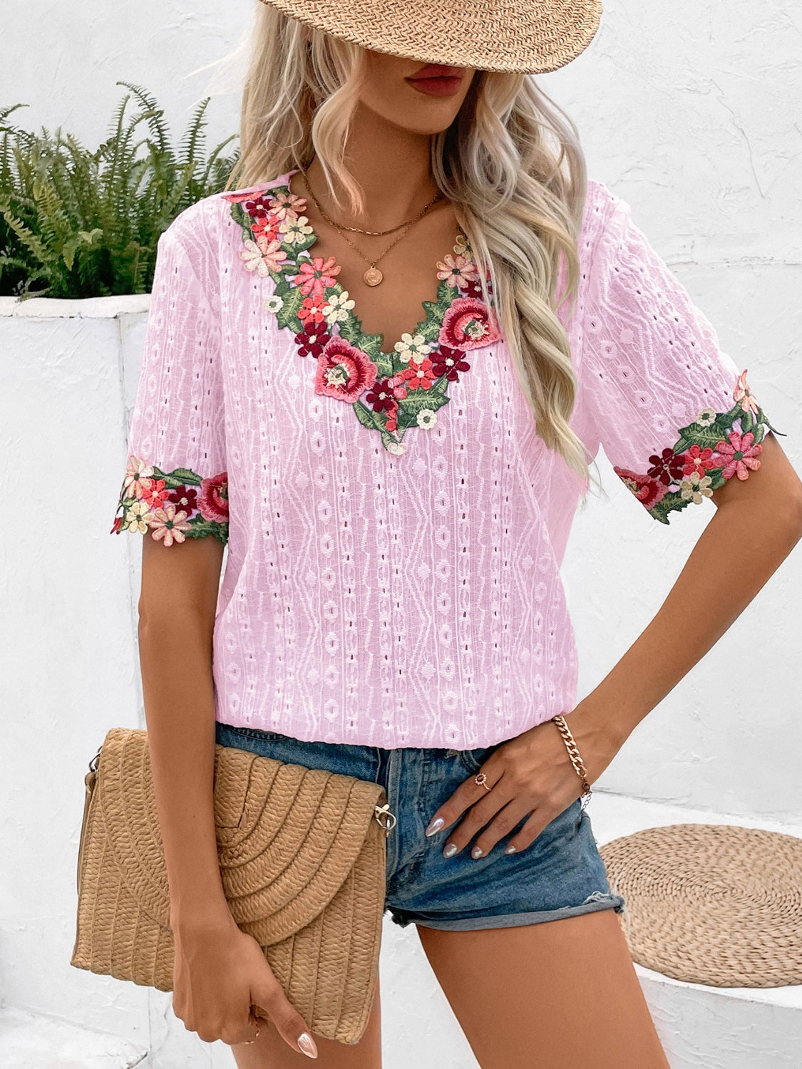 Honeybee Mumford's Eyelet Embroidered V-Neck Short Sleeve Blouse