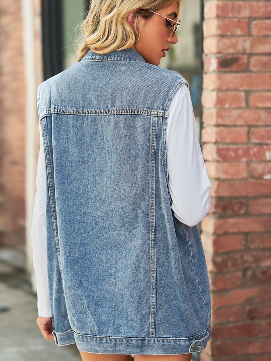 Honeybee Mumford's Collared Neck Sleeveless Denim Top with Pockets