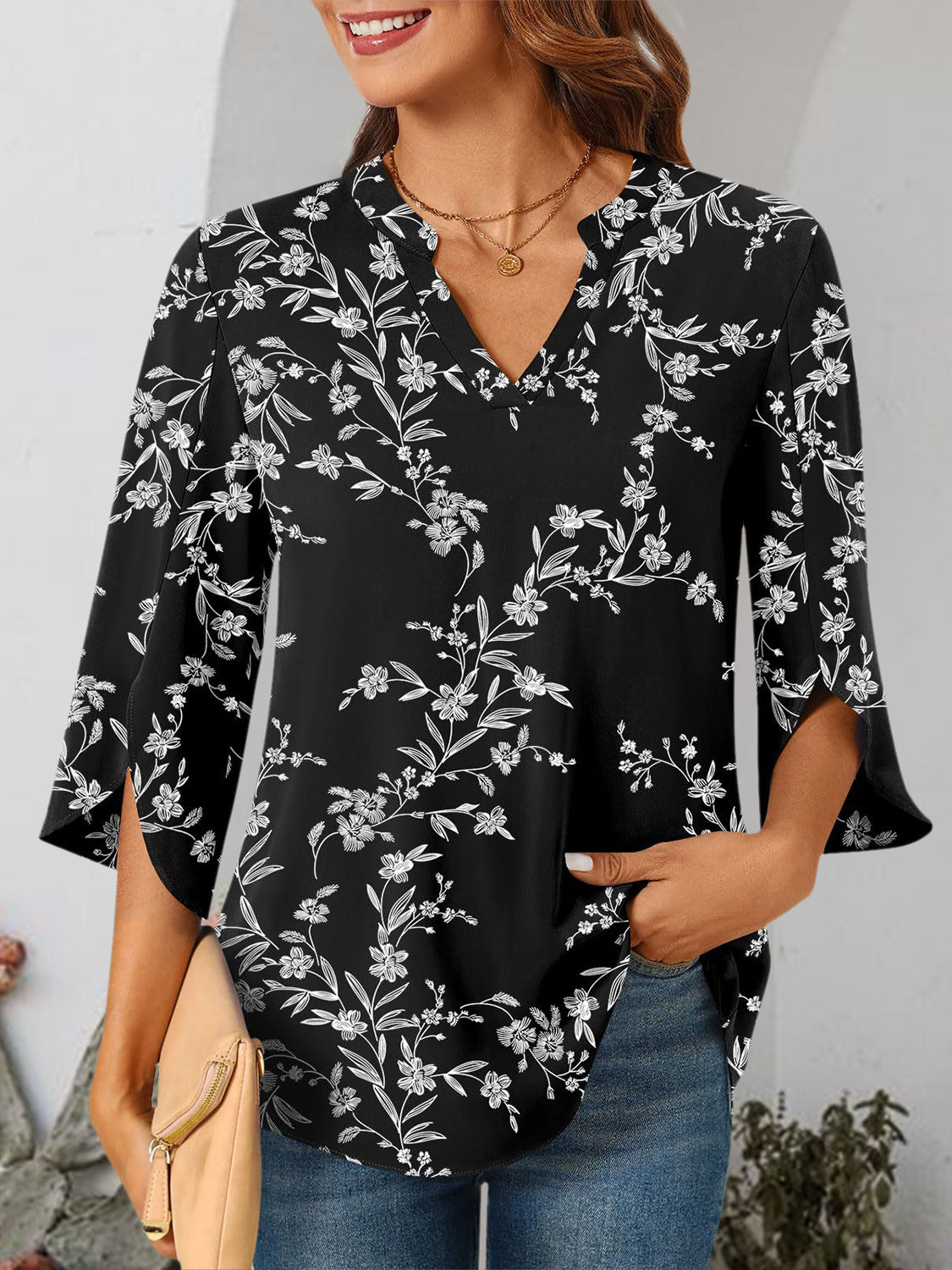 Honeybee Mumford's Notched Slit Half Sleeve Blouse