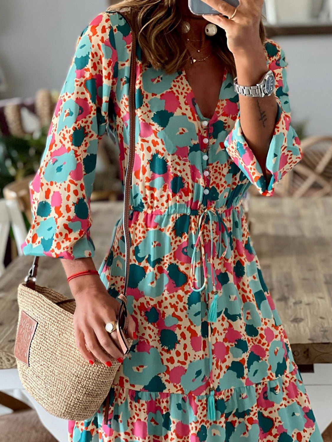 Honeybee Mumford's Button Up Ruffle Hem Tiered Maxi Dress