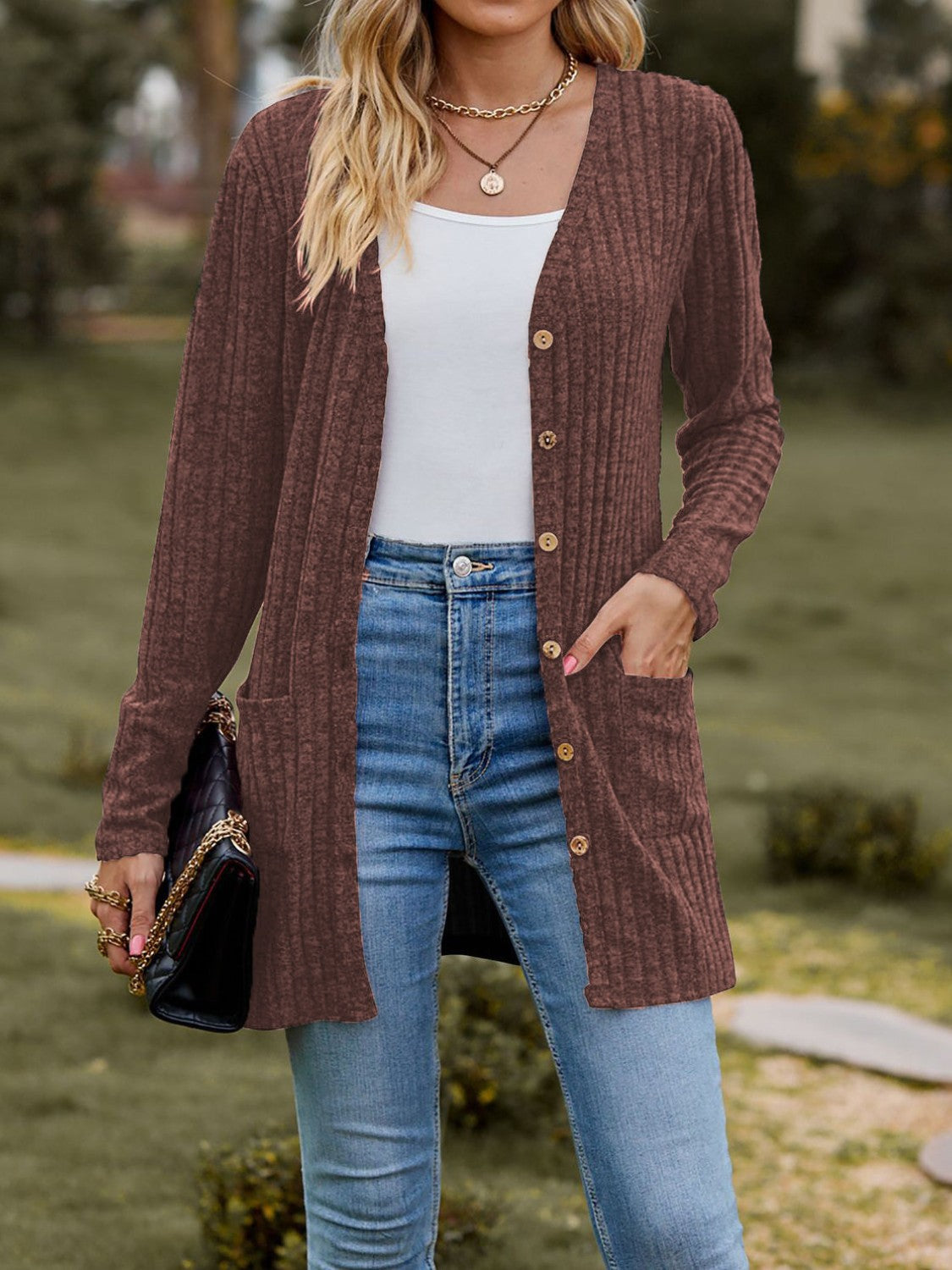 Honeybee Mumford's Ribbed Button Up Long Sleeve Cardigan