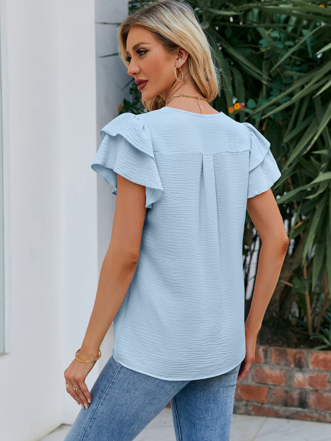 Honeybee Mumford's V-Neck Flounce Sleeve Blouse