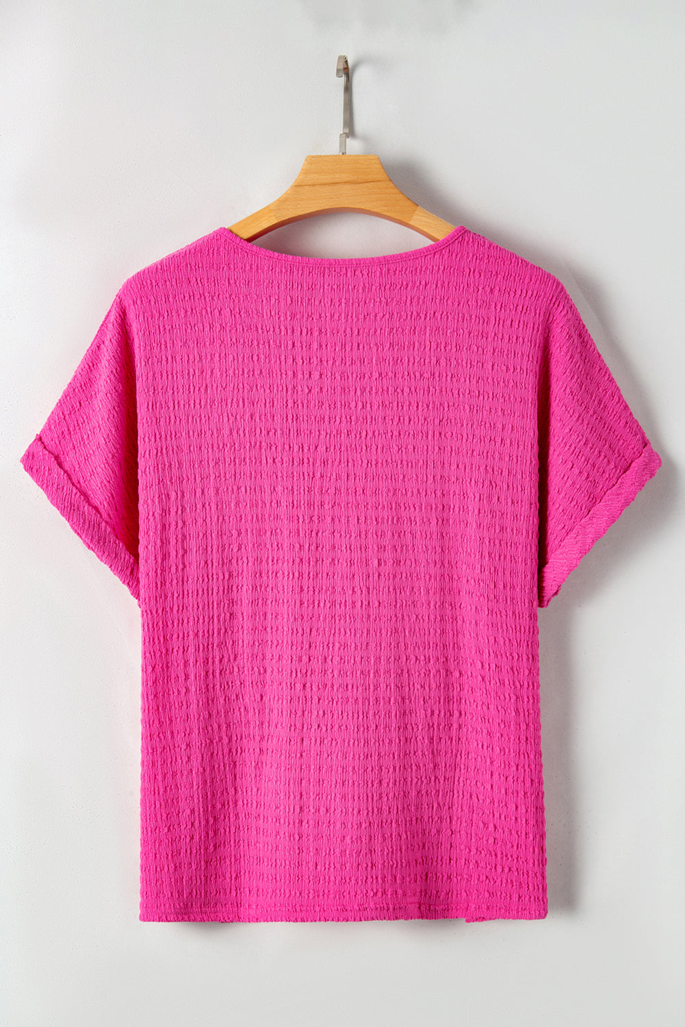 Honeybee Mumford's Bright Pink Plus Size Textured Folded Sleeve V Neck T Shirt