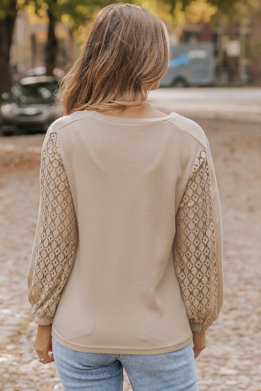 Honeybee Mumford's Waffle-Knit Round Neck Long Sleeve Blouse