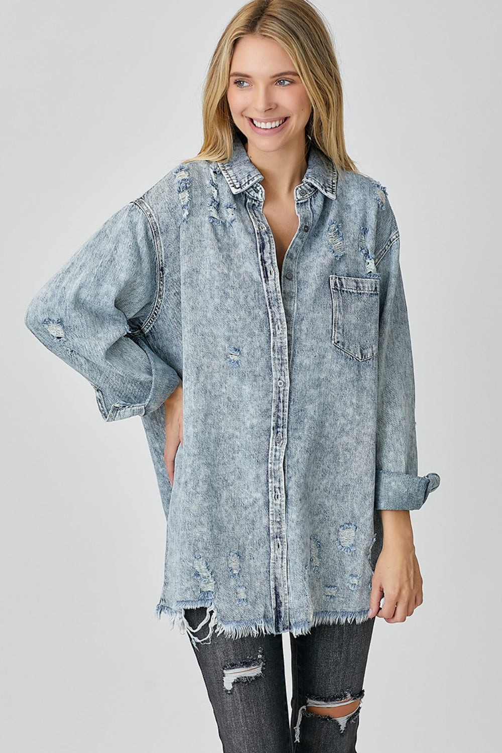 Honeybee Mumford's Distressed Raw Hem Denim Shirt