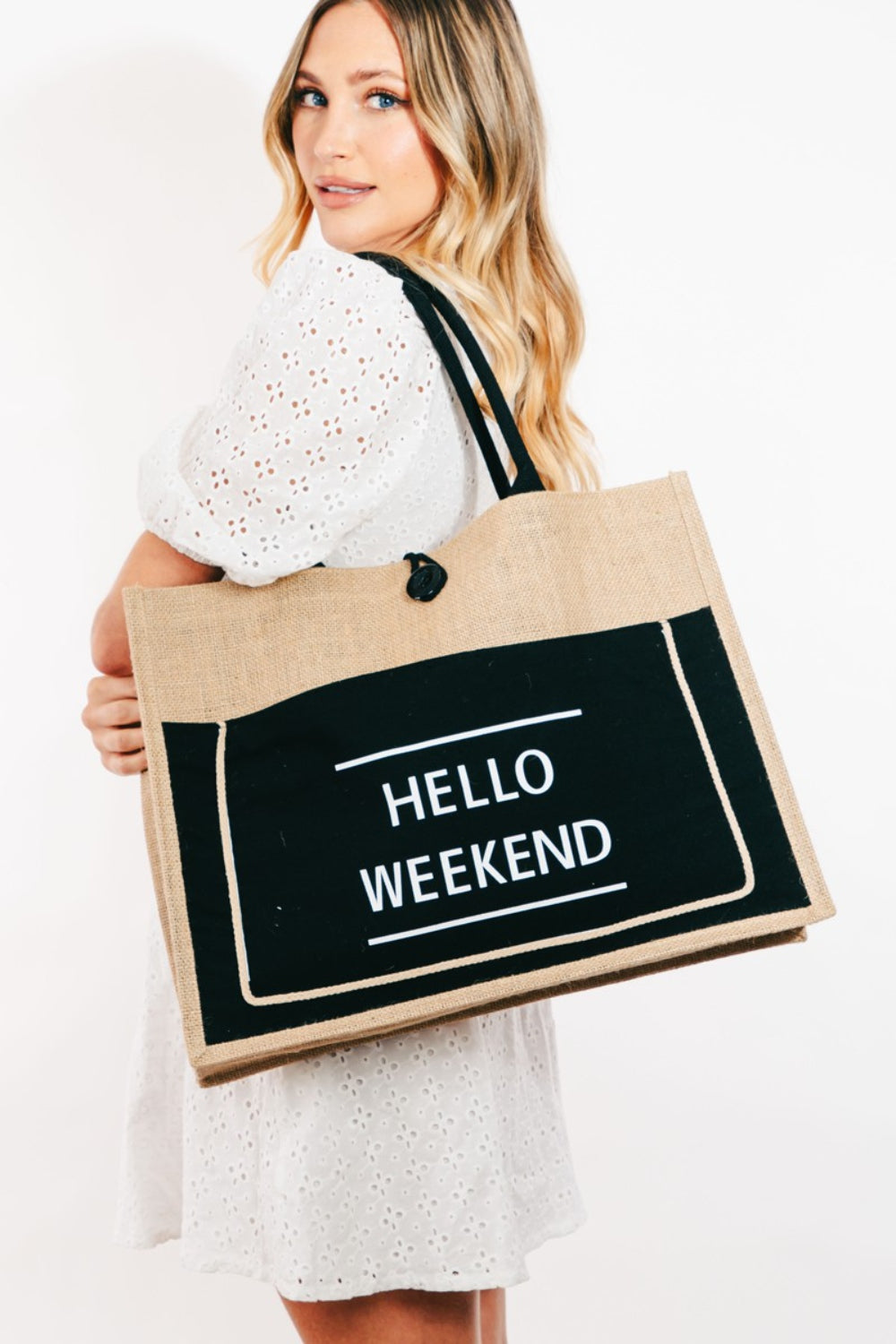 Honeybee Mumford's Honeybee Mumford's Hello Weekend Burlap Tote Bag