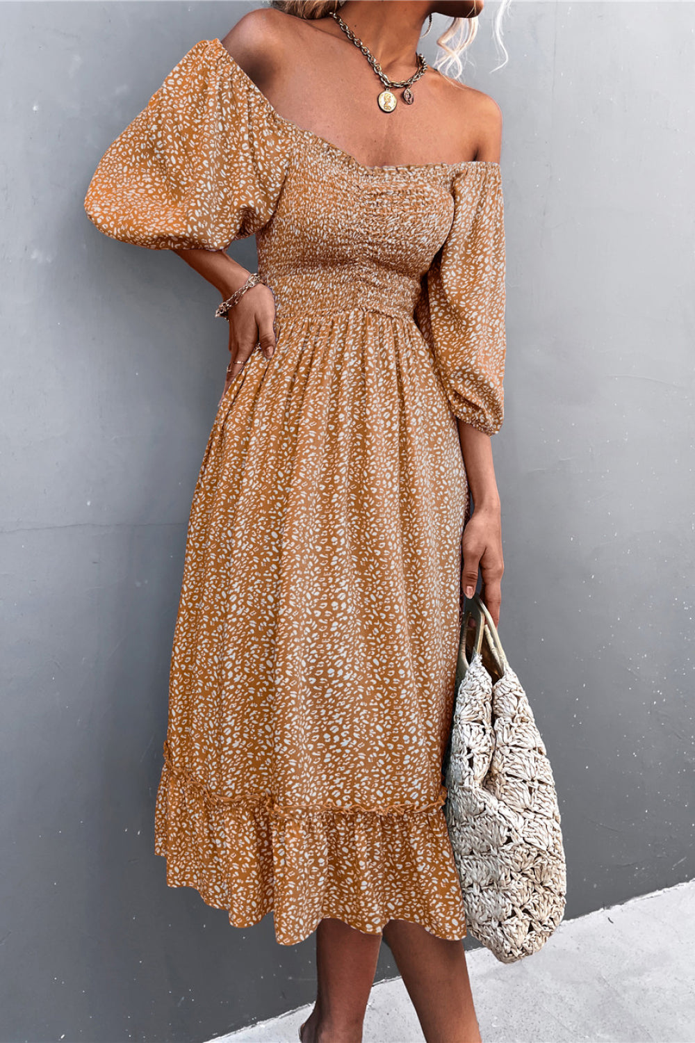 Honeybee Mumford's Off-Shoulder Ruffle Hem Midi Dress