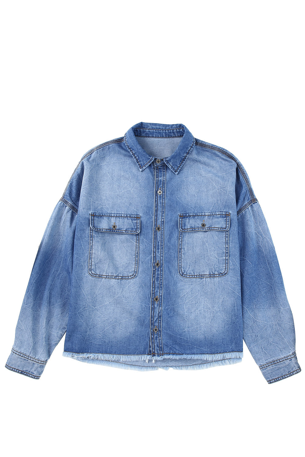 Honeybee Mumford's Sky Blue Flap Pockets Raw Hem Denim Shacket