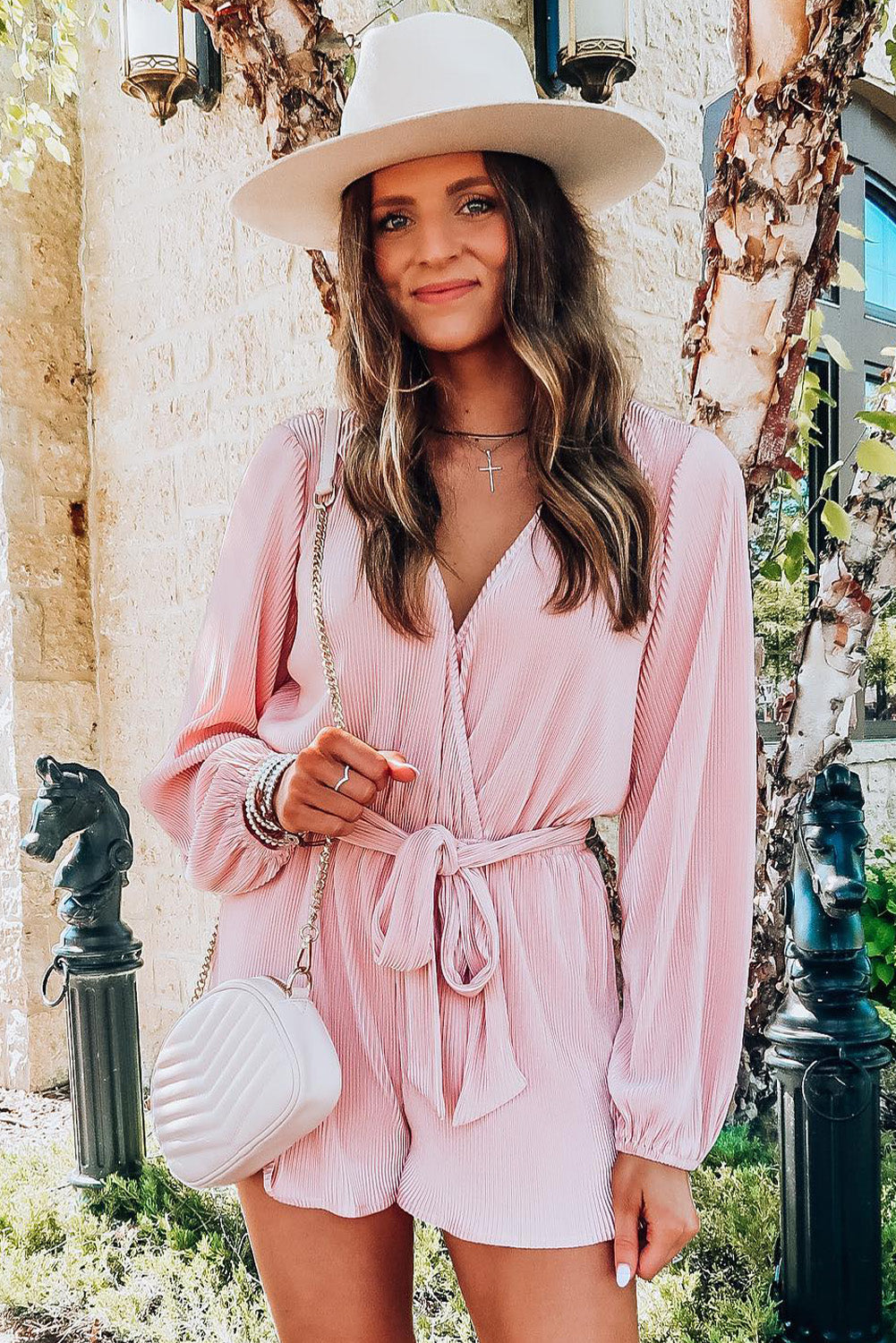 Honeybee Mumford's Pink Ripped Surplice V Neck Bubble Sleeve Romper