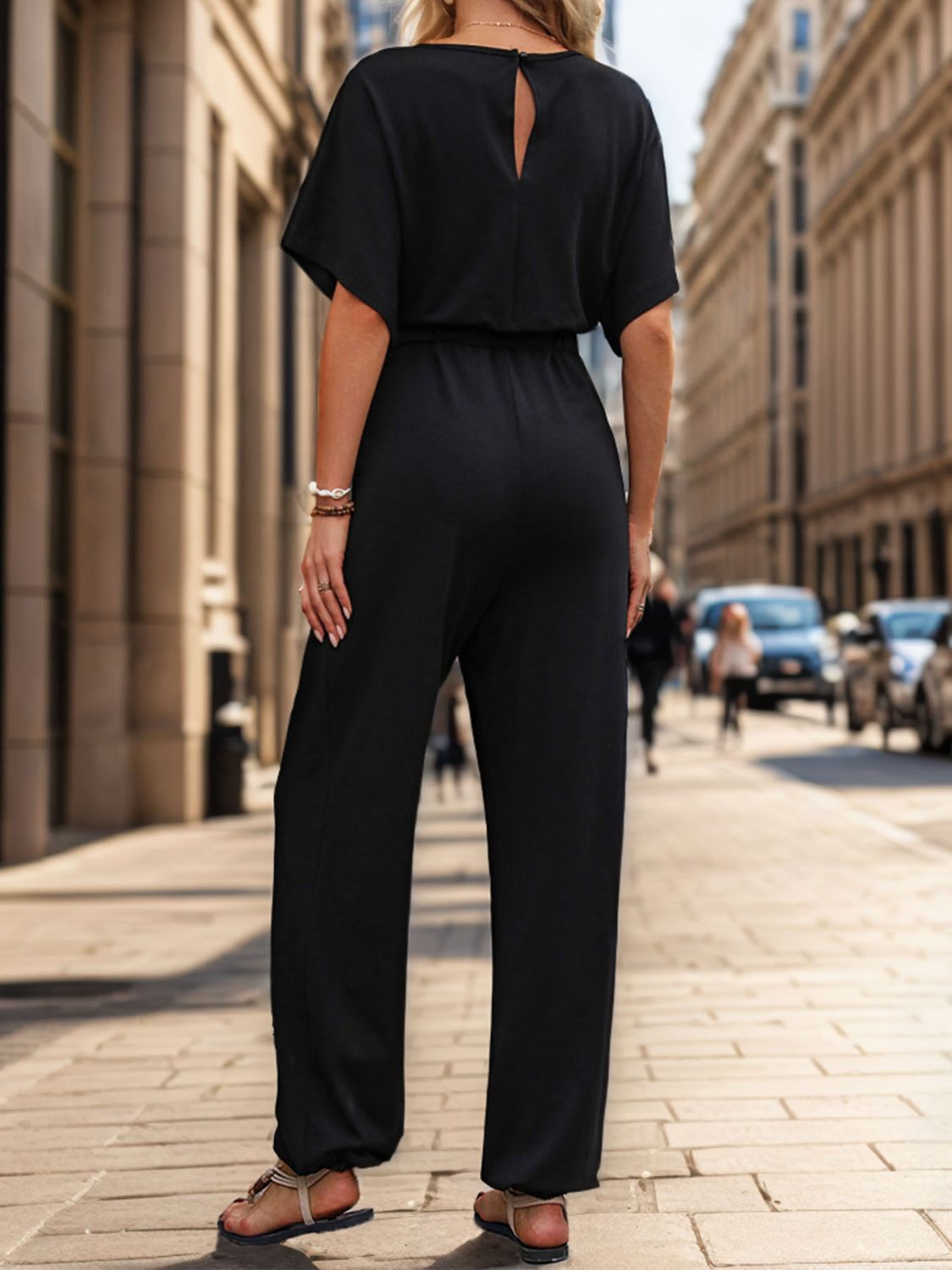 Honeybee Mumford's Notched Half Sleeve Straight Jumpsuit