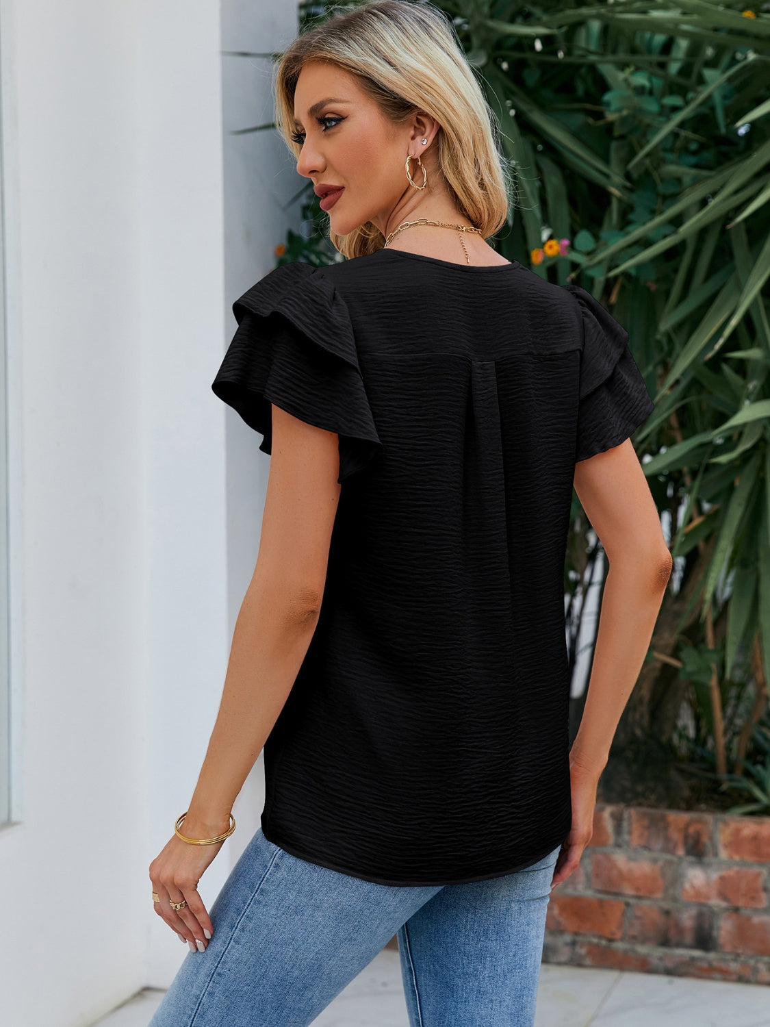 Honeybee Mumford's V-Neck Flounce Sleeve Blouse