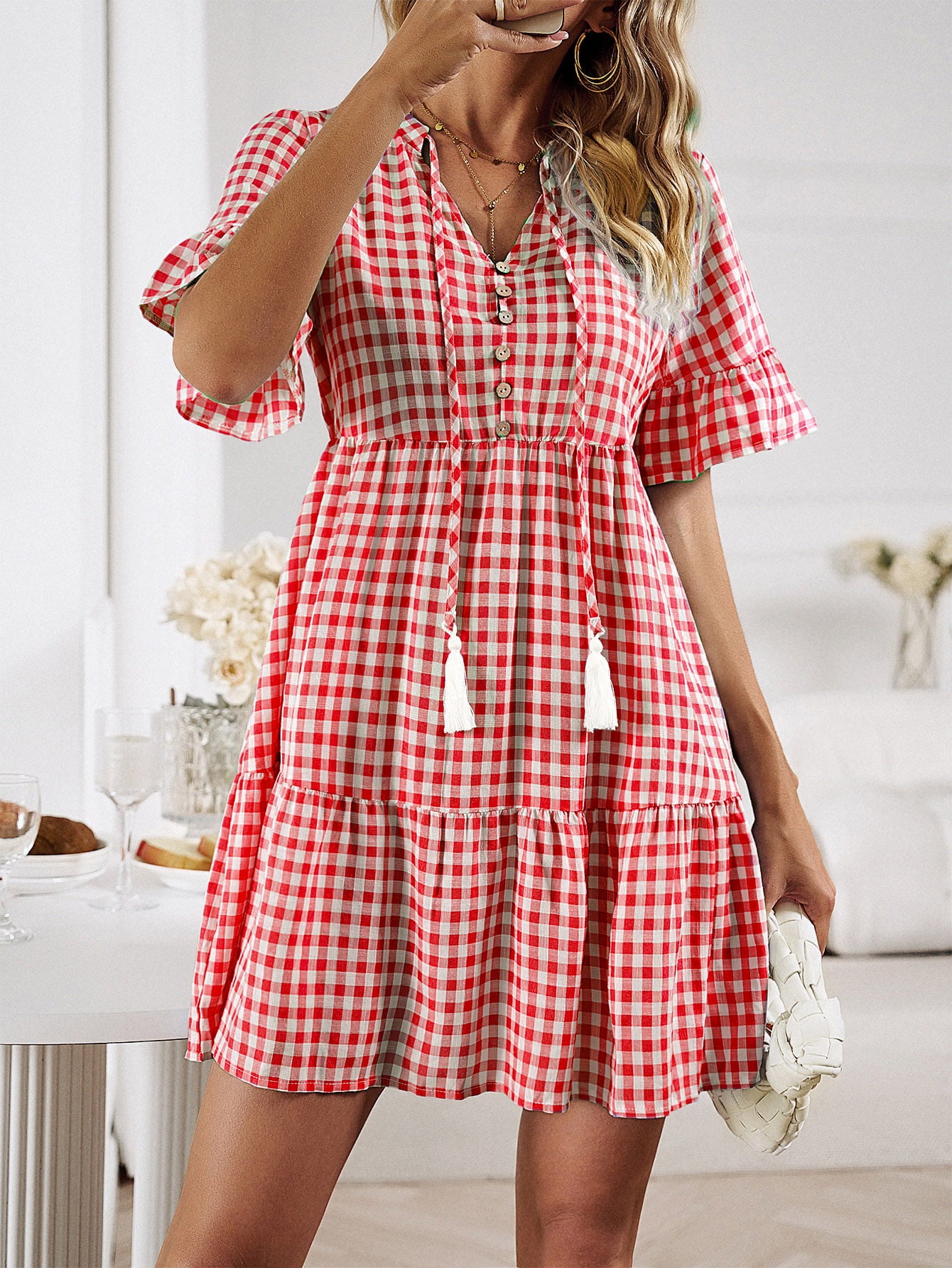 Honeybee Mumford's Plaid Flounce Sleeve Buttoned Mini/ short Dress