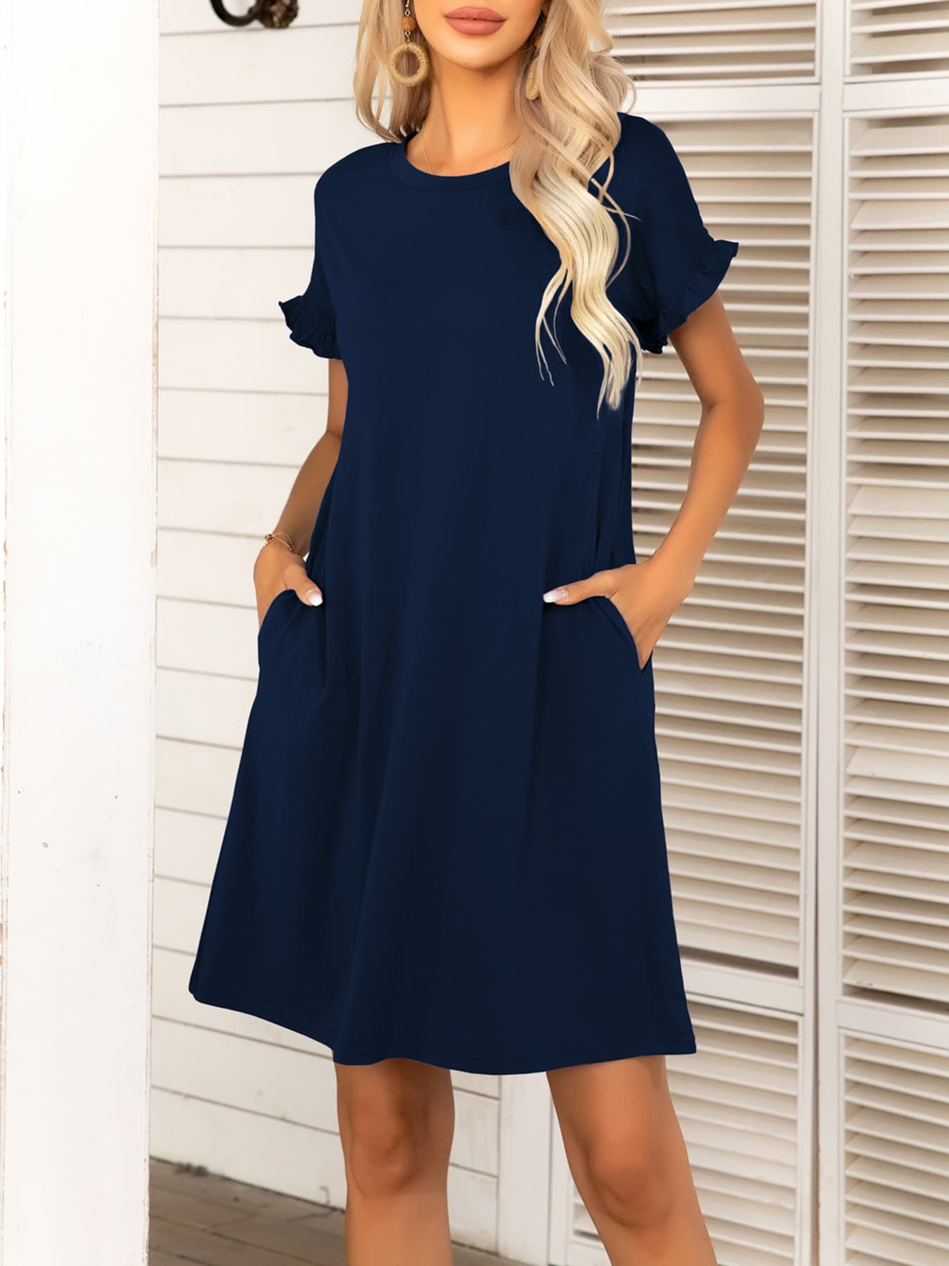 Honeybee Mumford's Round Neck Flounce Sleeve Dress with Pockets