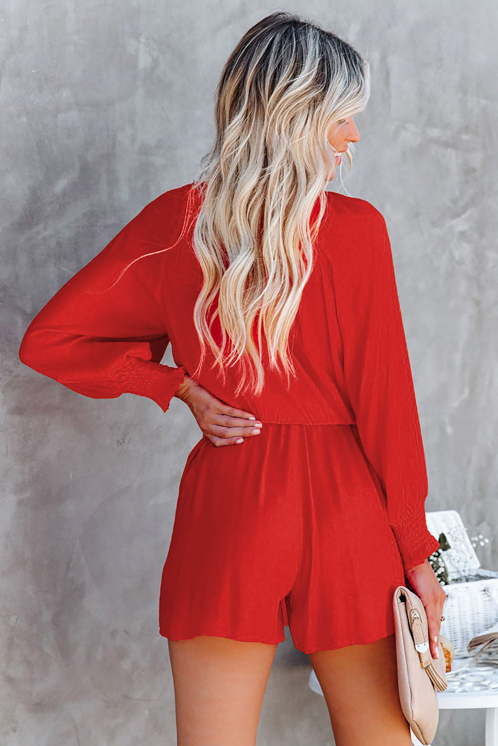 Honeybee Mumford's Fiery Red Tie Knot Puff Long Sleeve Romper