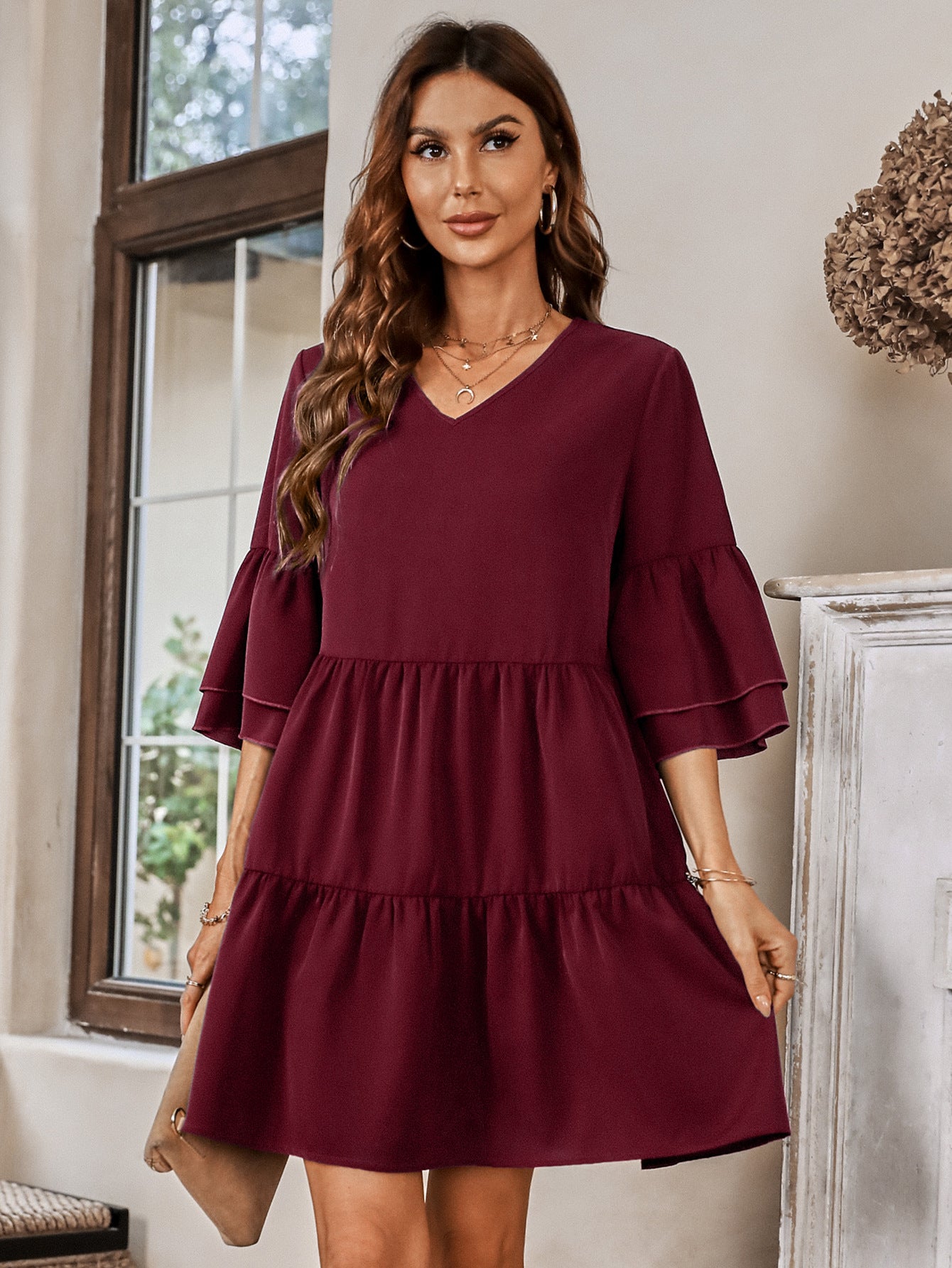 Honeybee Mumford's V-Neck Three-Quarter Flounce Sleeve Tiered Dress