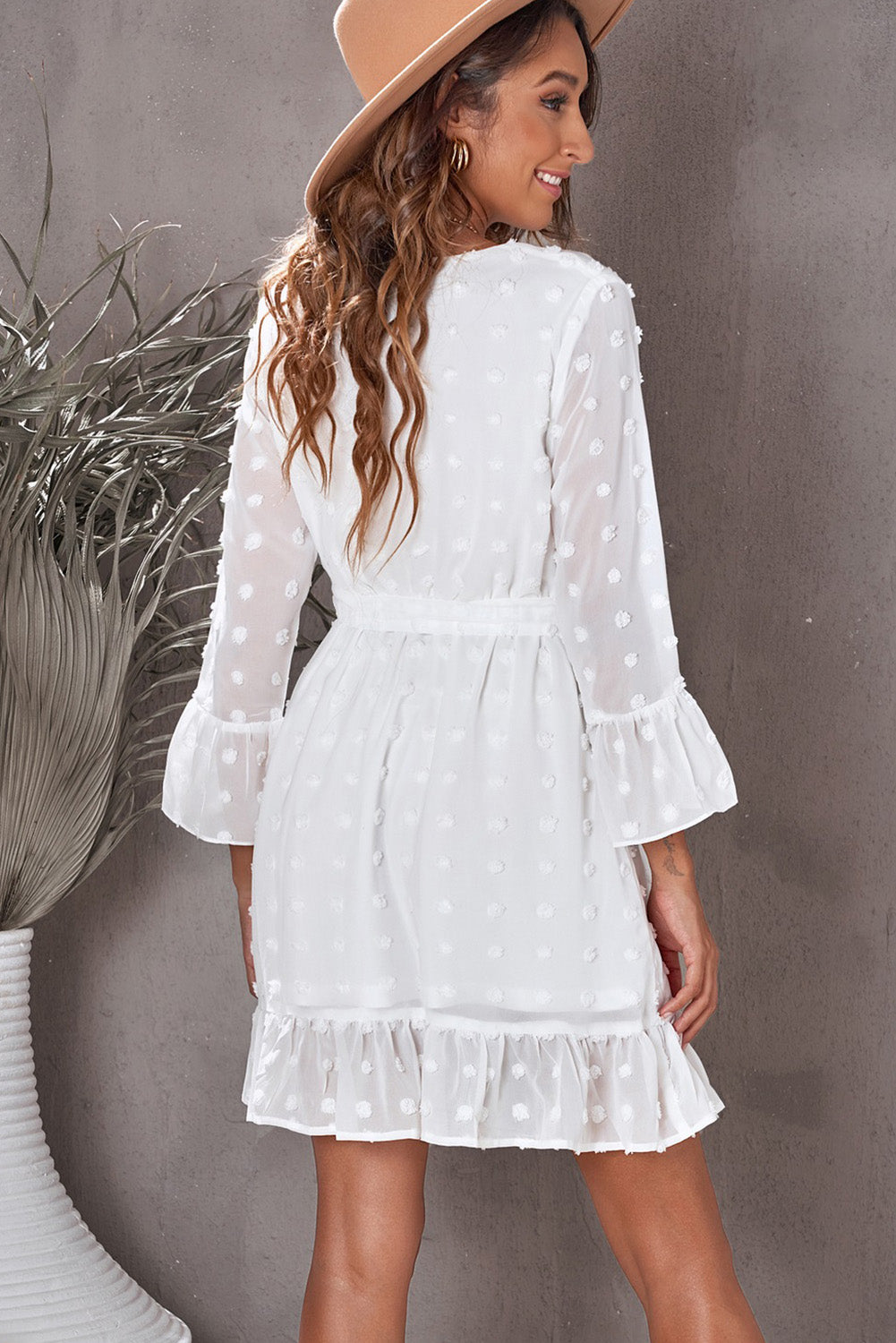 Honeybee Mumford's White Swiss Dot Ruffled Tie-Waist Surplice Dress