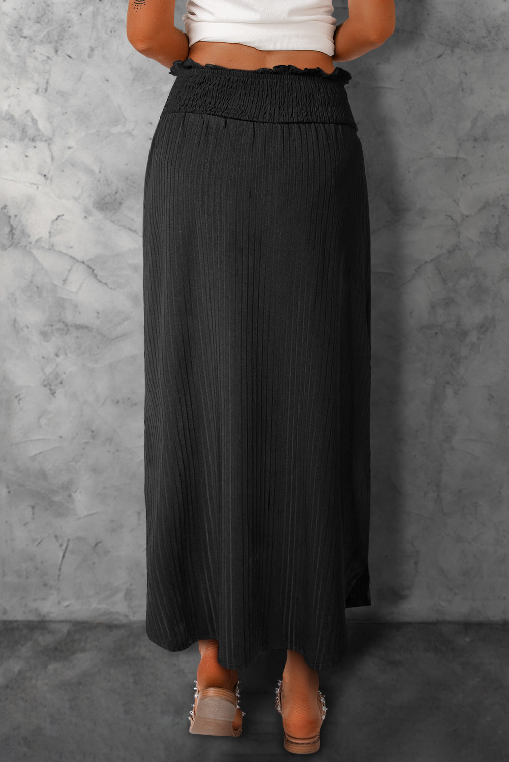 Honeybee Mumford's Black Smocked High Waist Maxi Skirt with Slit