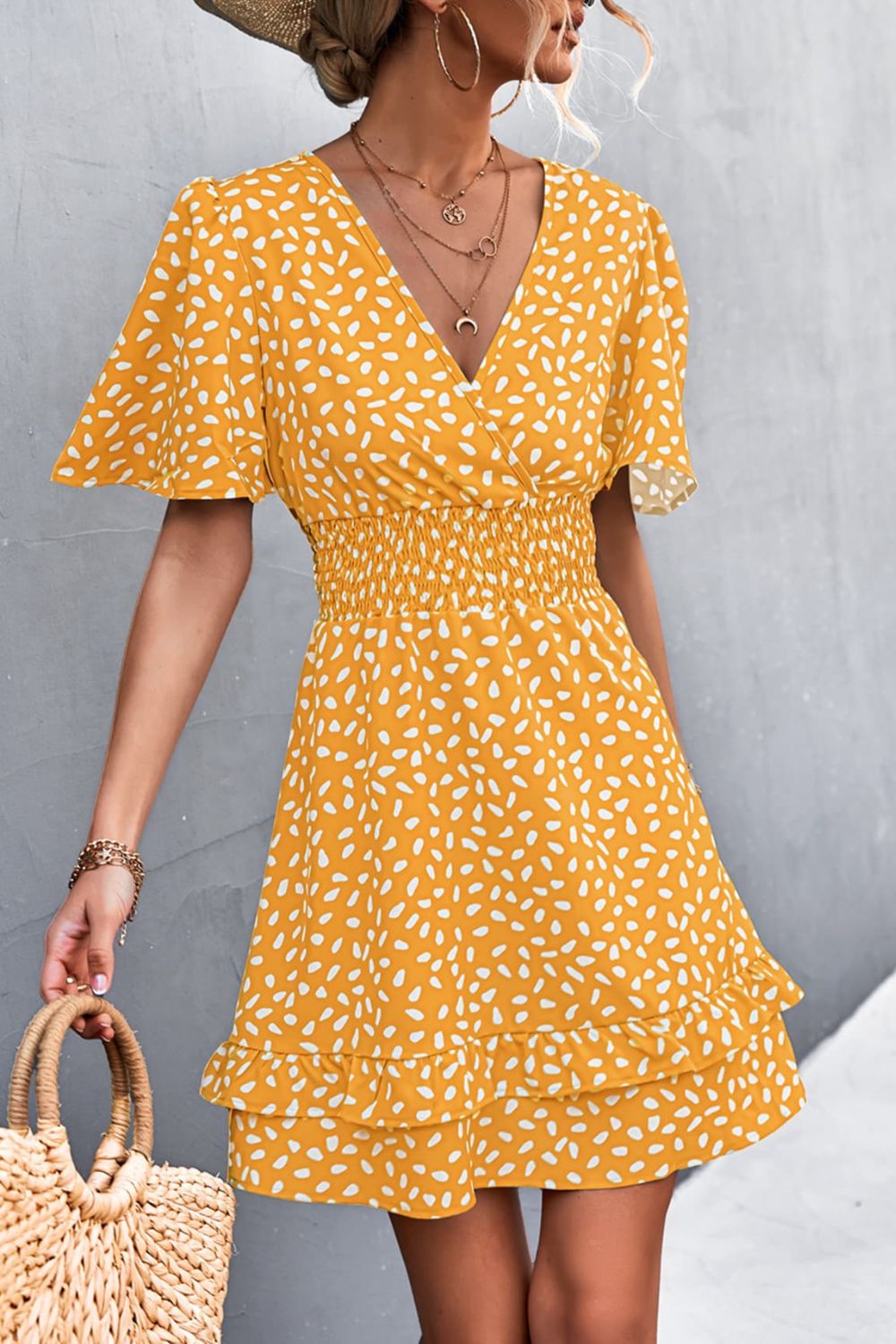 Honeybee Mumford's Printed Smocked Waist Layered Surplice Dress