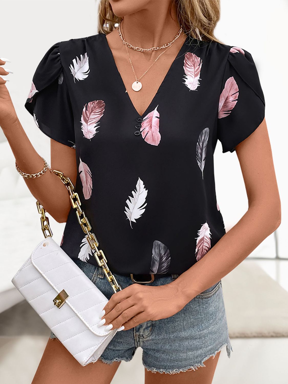 Honeybee Mumford's Printed V-Neck Short Sleeve Blouse