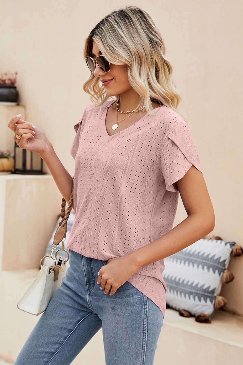 Honeybee Mumford's Eyelet Petal Sleeve V-Neck Knit Top