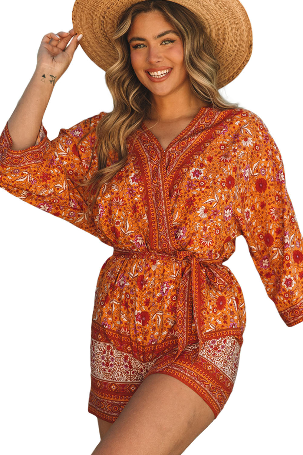 Honeybee Mumford's Orange Boho Floral Wrap V Neck Tie Waist Romper