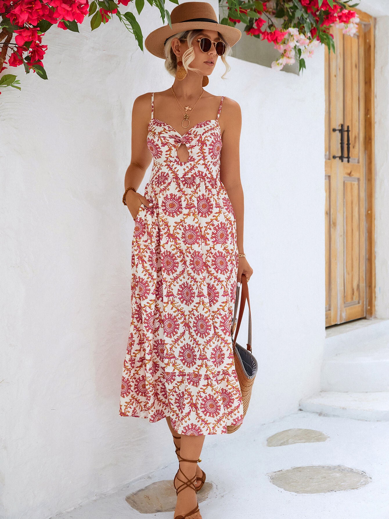 Honeybee Mumford's Printed Cutout Spaghetti Strap Midi Dress