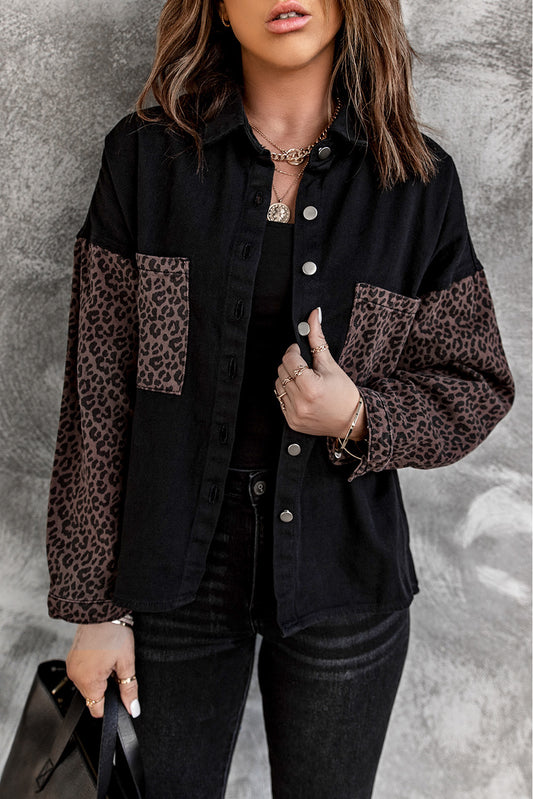 Honeybee Mumford's Black Contrast Leopard Denim Jacket