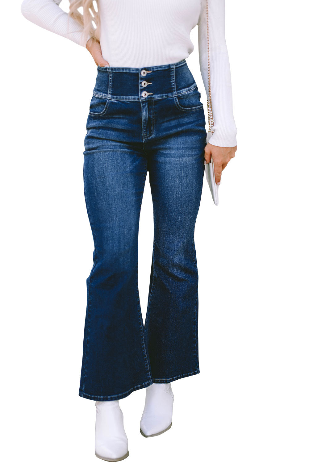 Honeybee Mumford's Blue Buttons Elastic Wide Waistband Back Flare Jeans