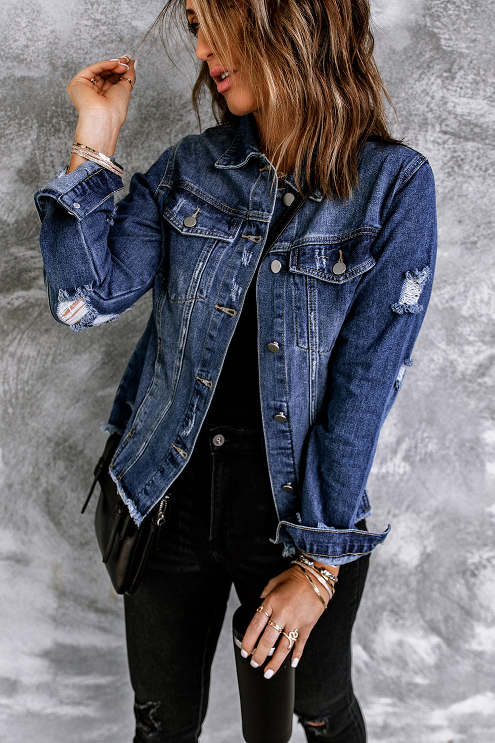 Honeybee Mumford's Blue Lapel Distressed Raw Hem Buttons Denim Jacket