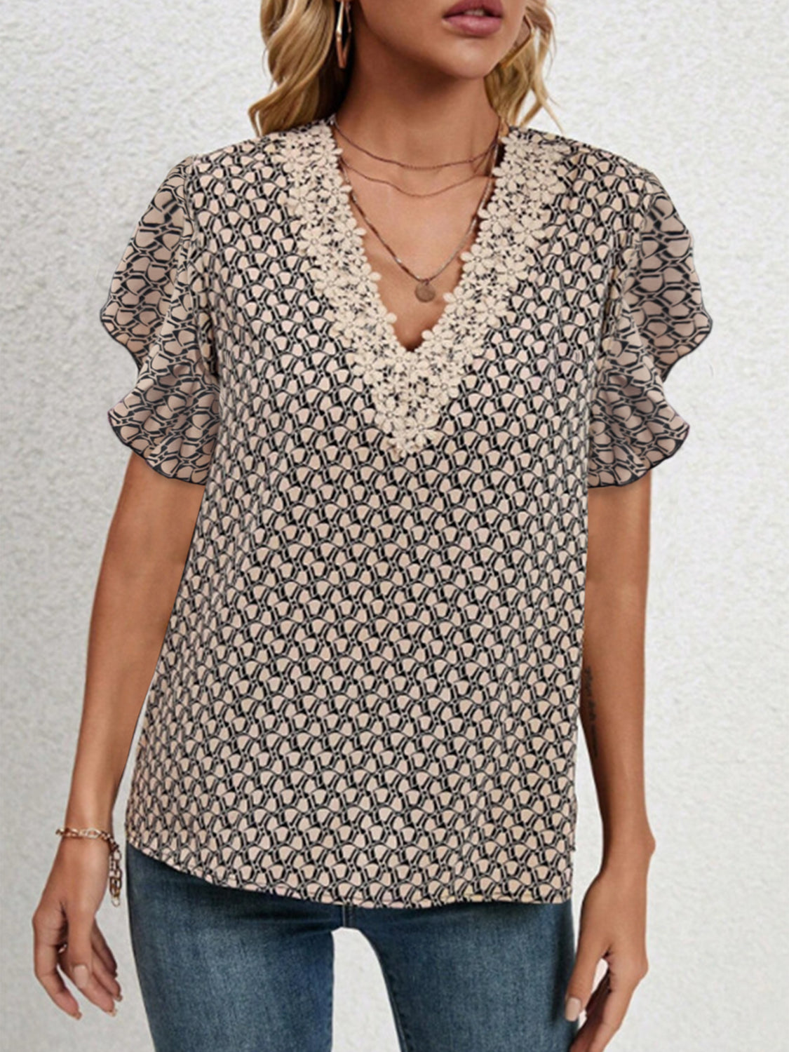 Honeybee Mumford's Lace Detail Printed V-Neck Flounce Sleeve Blouse