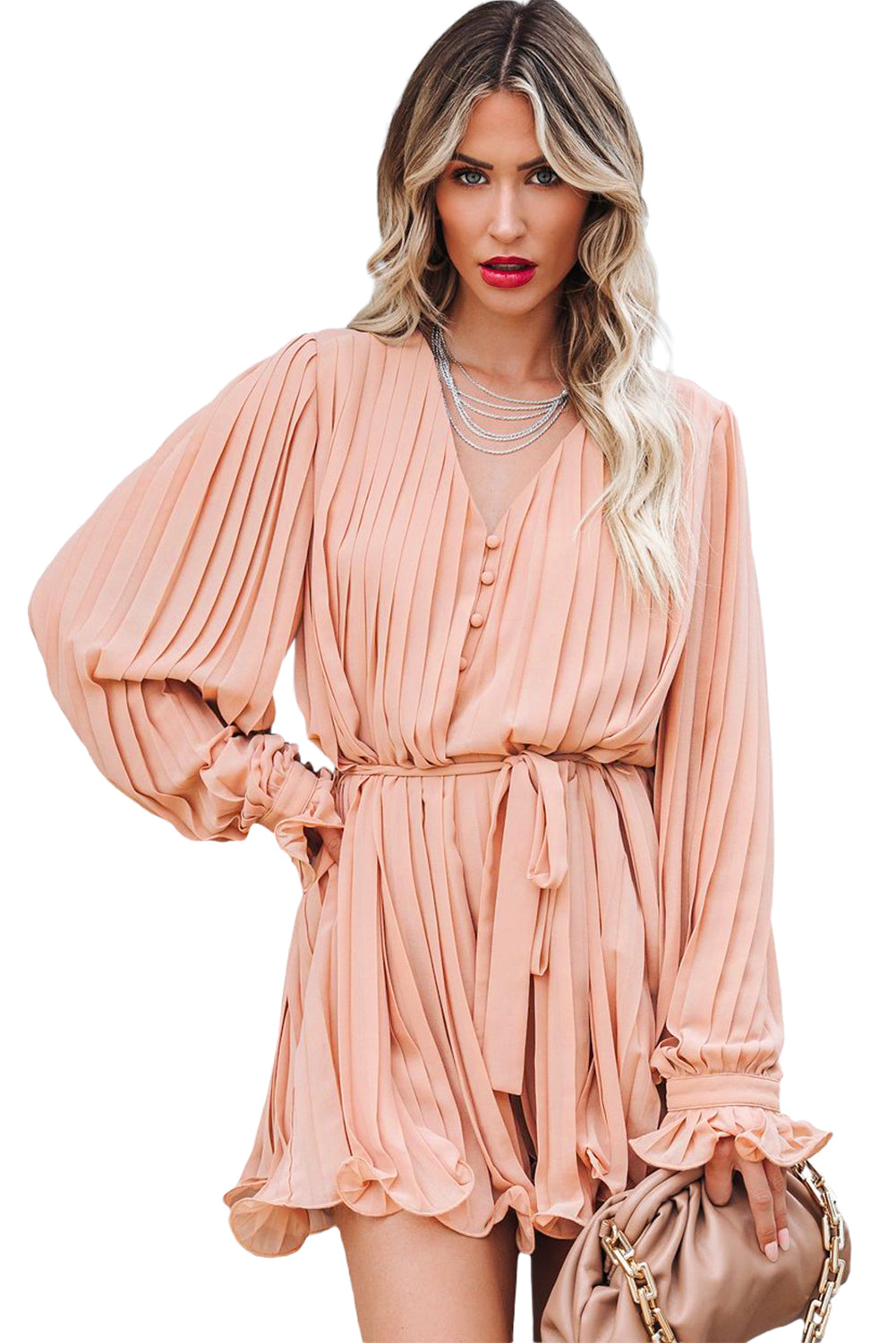 Honeybee Mumford's Pink Pleated Ruffled Tie Waist Buttons V Neck Romper