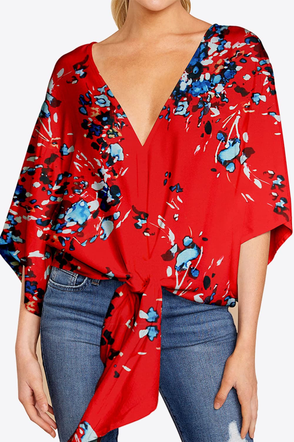 Honeybee Mumford's Printed Deep V Tie Hem Blouse