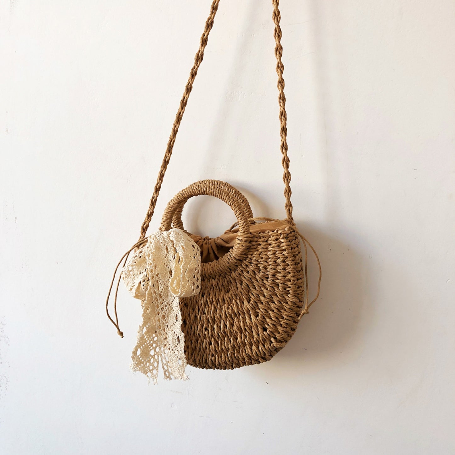 Honeybee Mumford's Drawstring Straw Braided Crossbody Bag