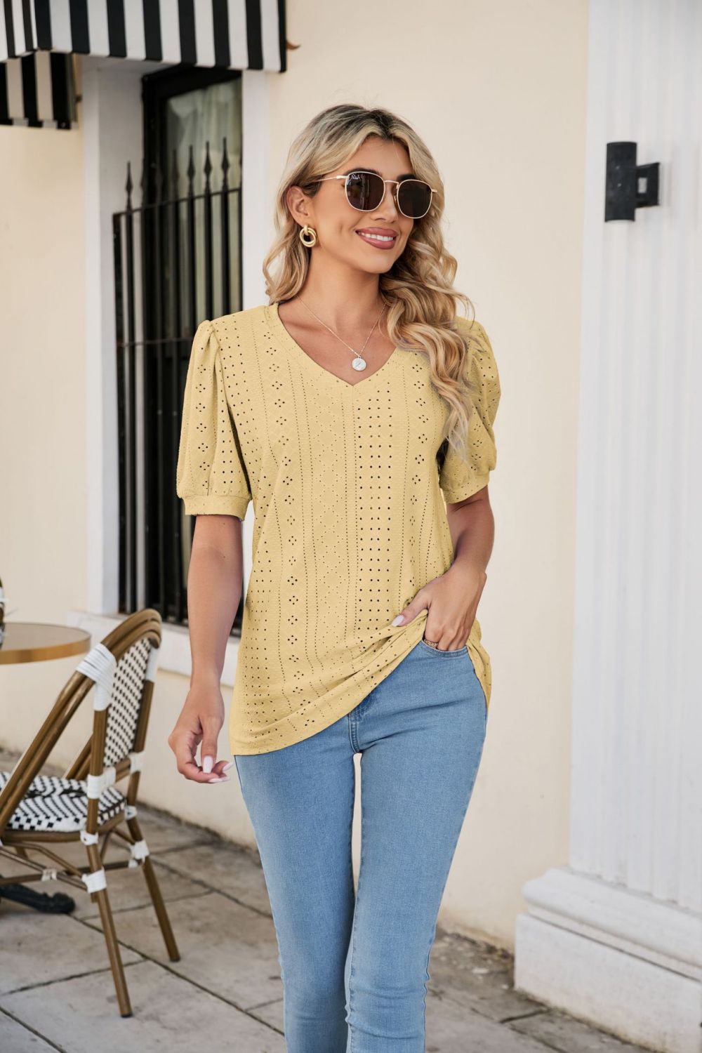 Honeybee Mumford's Eyelet Puff Sleeve V-Neck Top