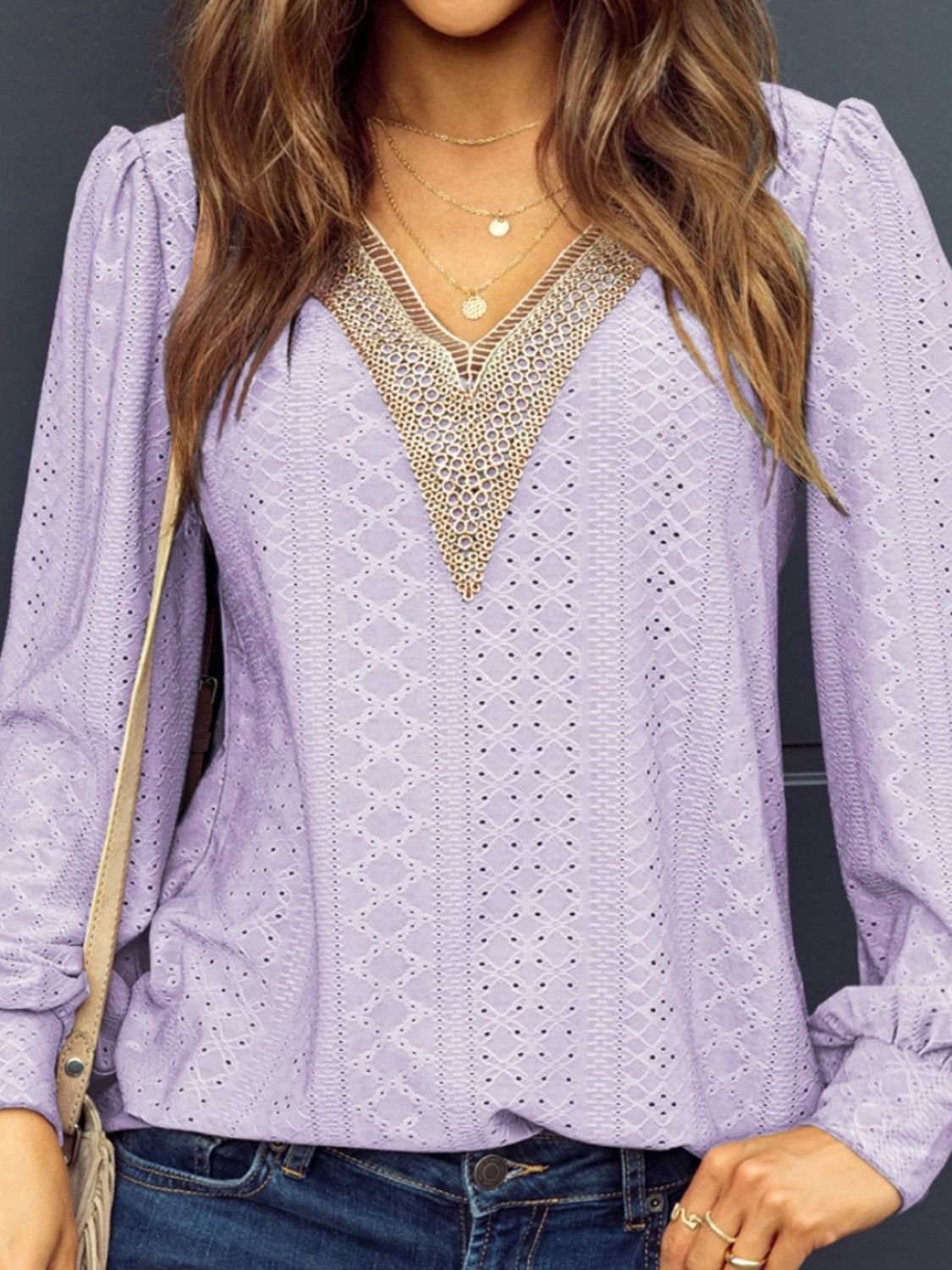 Honeybee Mumford's Eyelet V-Neck Long Sleeve Blouse