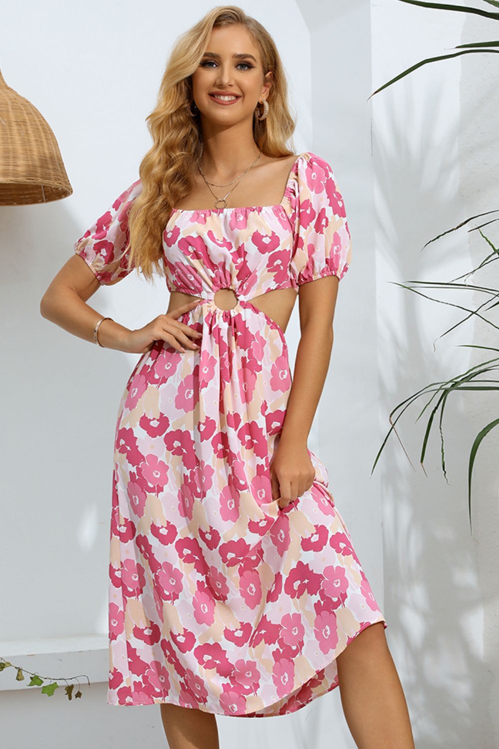 Honeybee Mumford's Floral Cutout Square Neck Puff Sleeve Dress