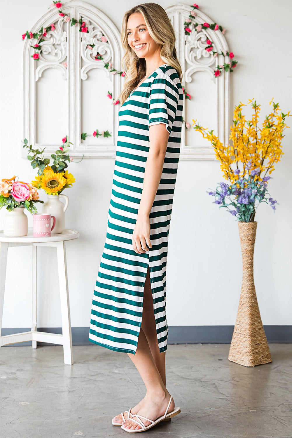 Honeybee Mumford's Striped V-Neck Short Sleeve Side Slit Dress