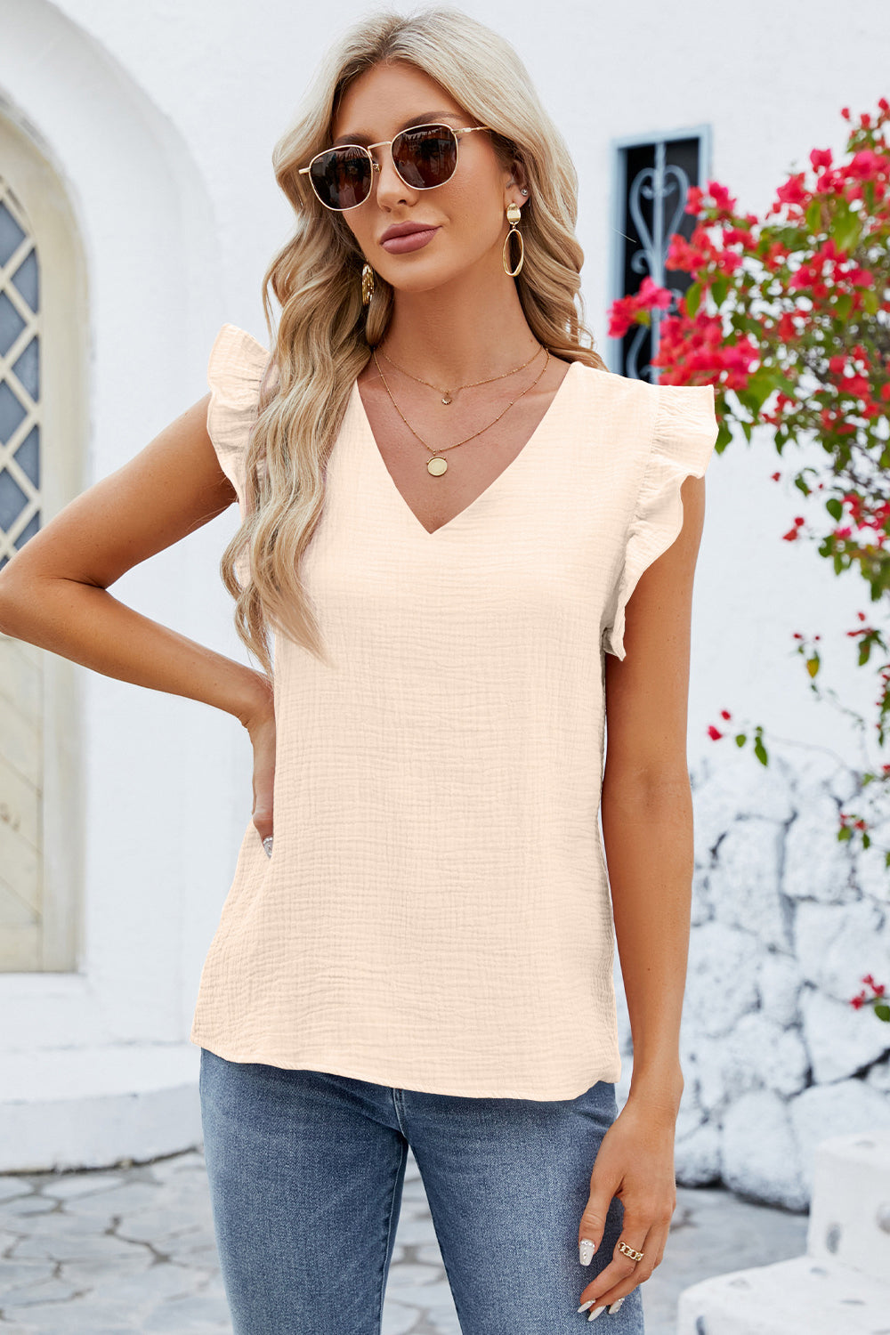 Honeybee Mumford's Ruffled V-Neck Cap Sleeve Blouse