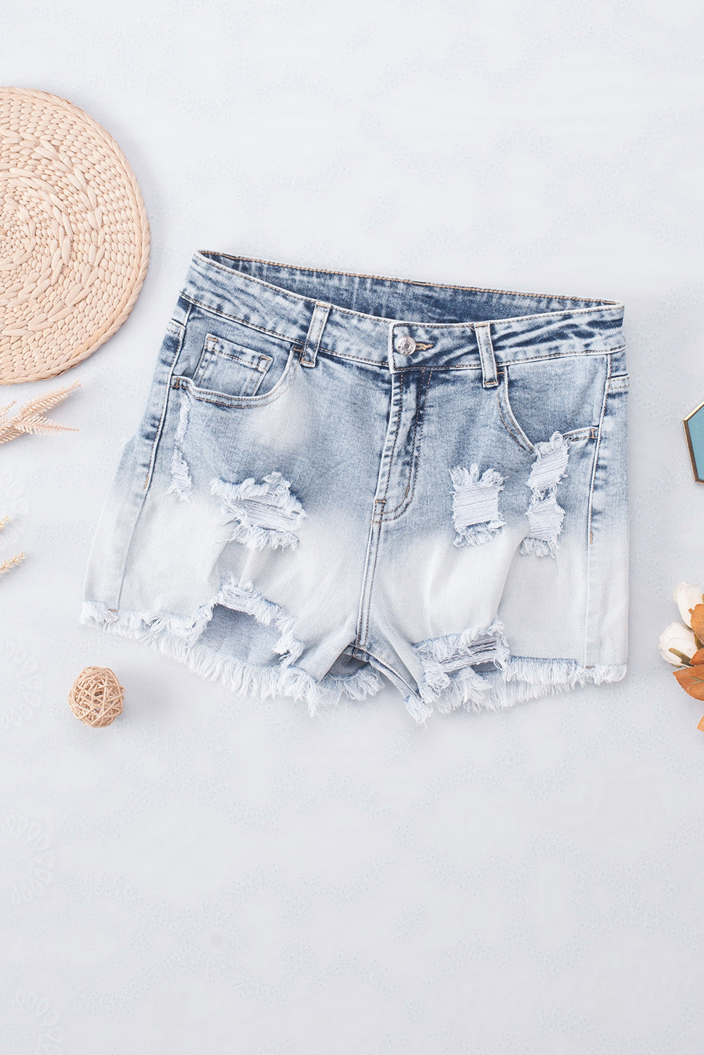 Honeybee Mumford's Sky Blue Bleached Wash Distressed Denim Shorts