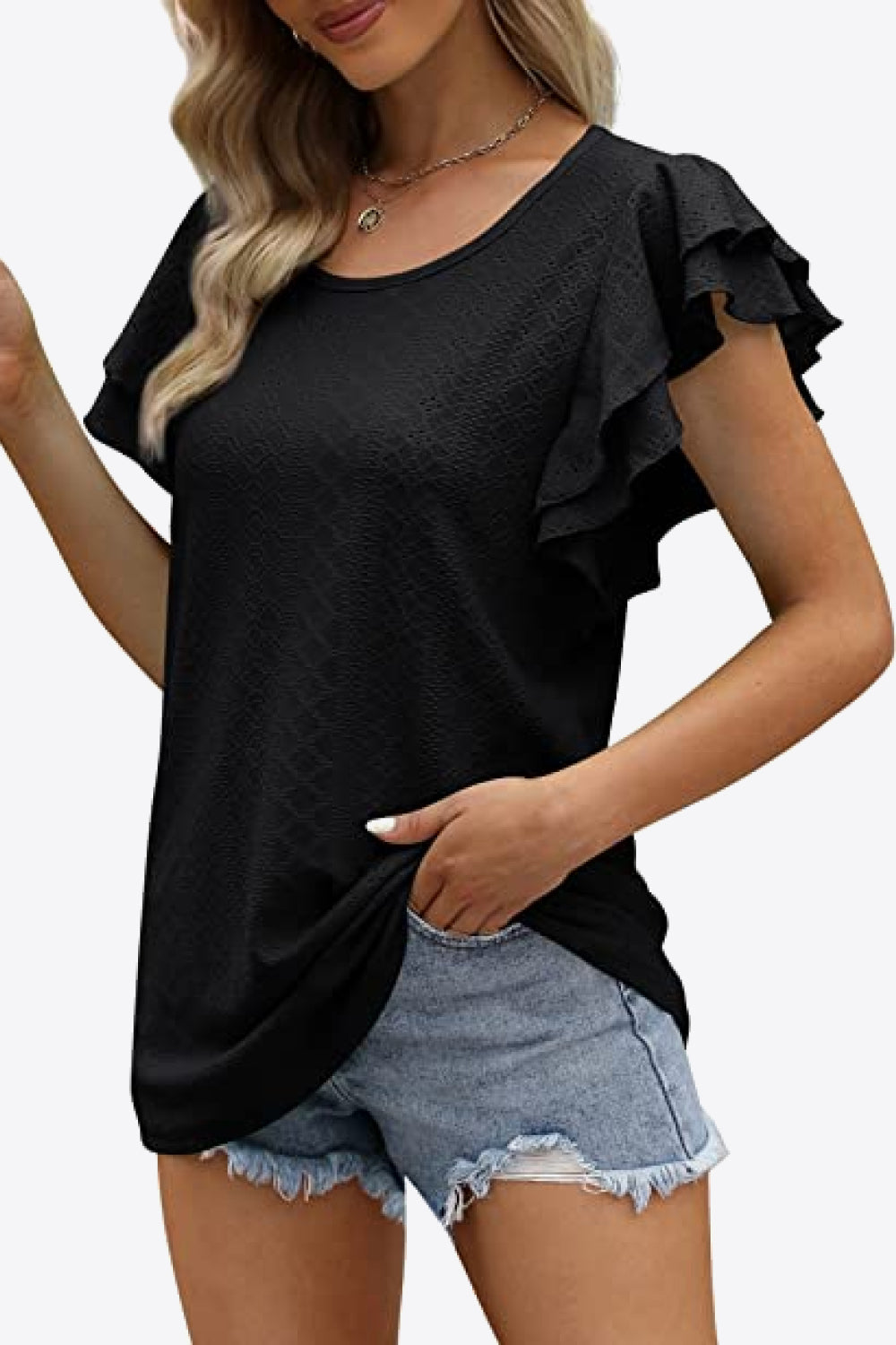 Honeybee Mumford's Round Neck Layered Flutter Sleeve Blouse