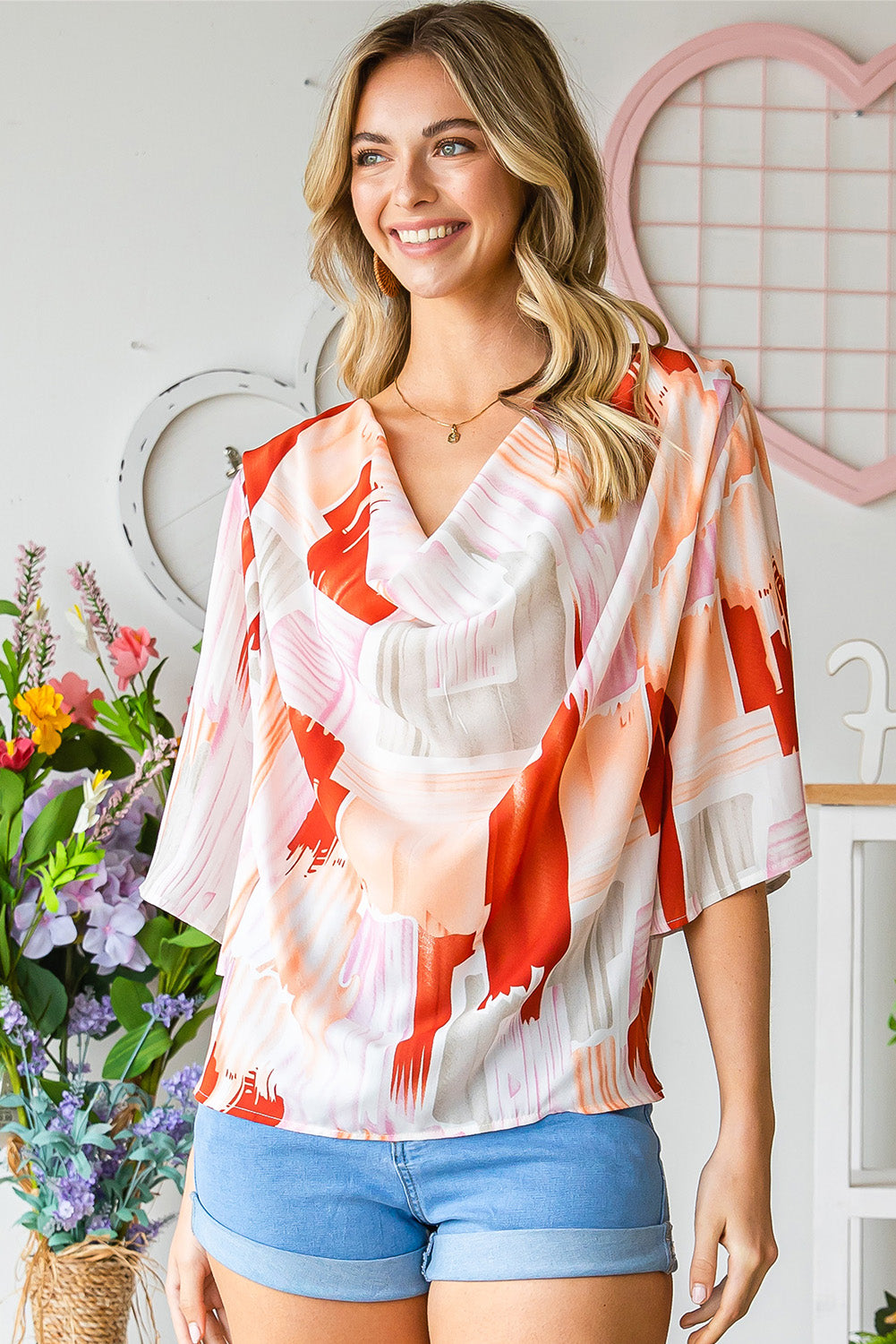 Honeybee Mumford's Printed Cowl Neck Half Sleeve Blouse