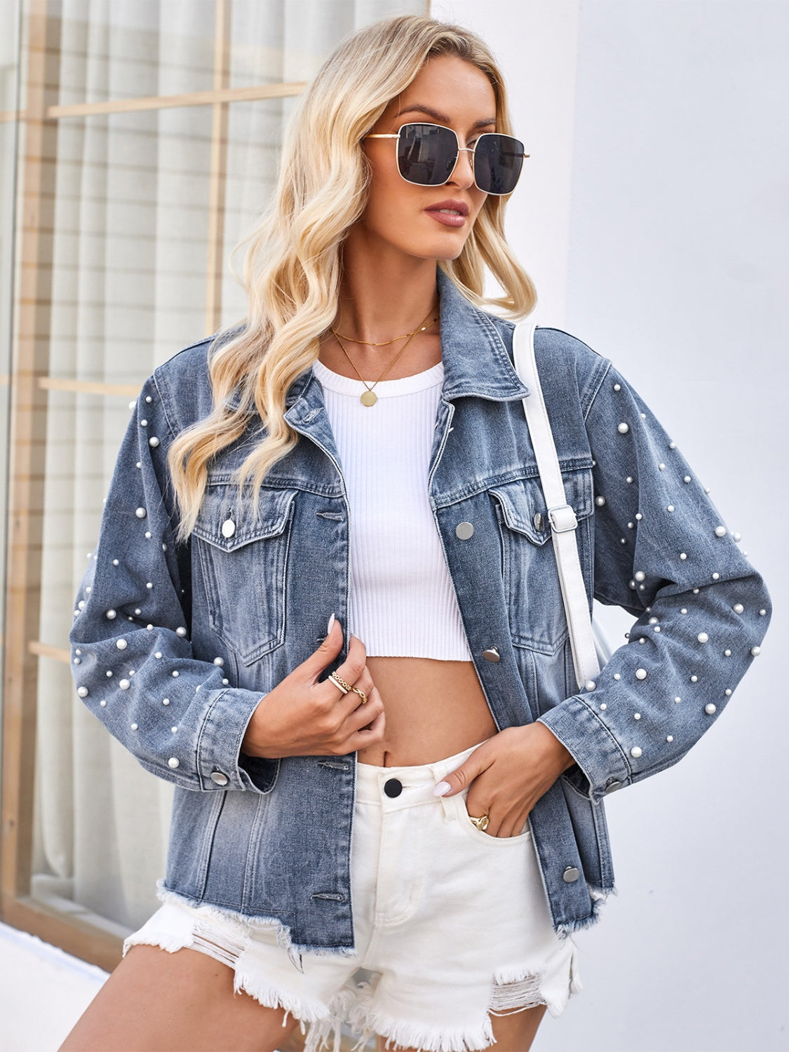 Honeybee Mumford's Pearl Trim Raw Hem Denim Jacket