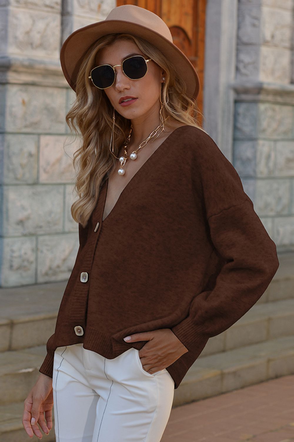 Honeybee Mumford's V-Neck Button-Down Dropped Shoulder Cardigan