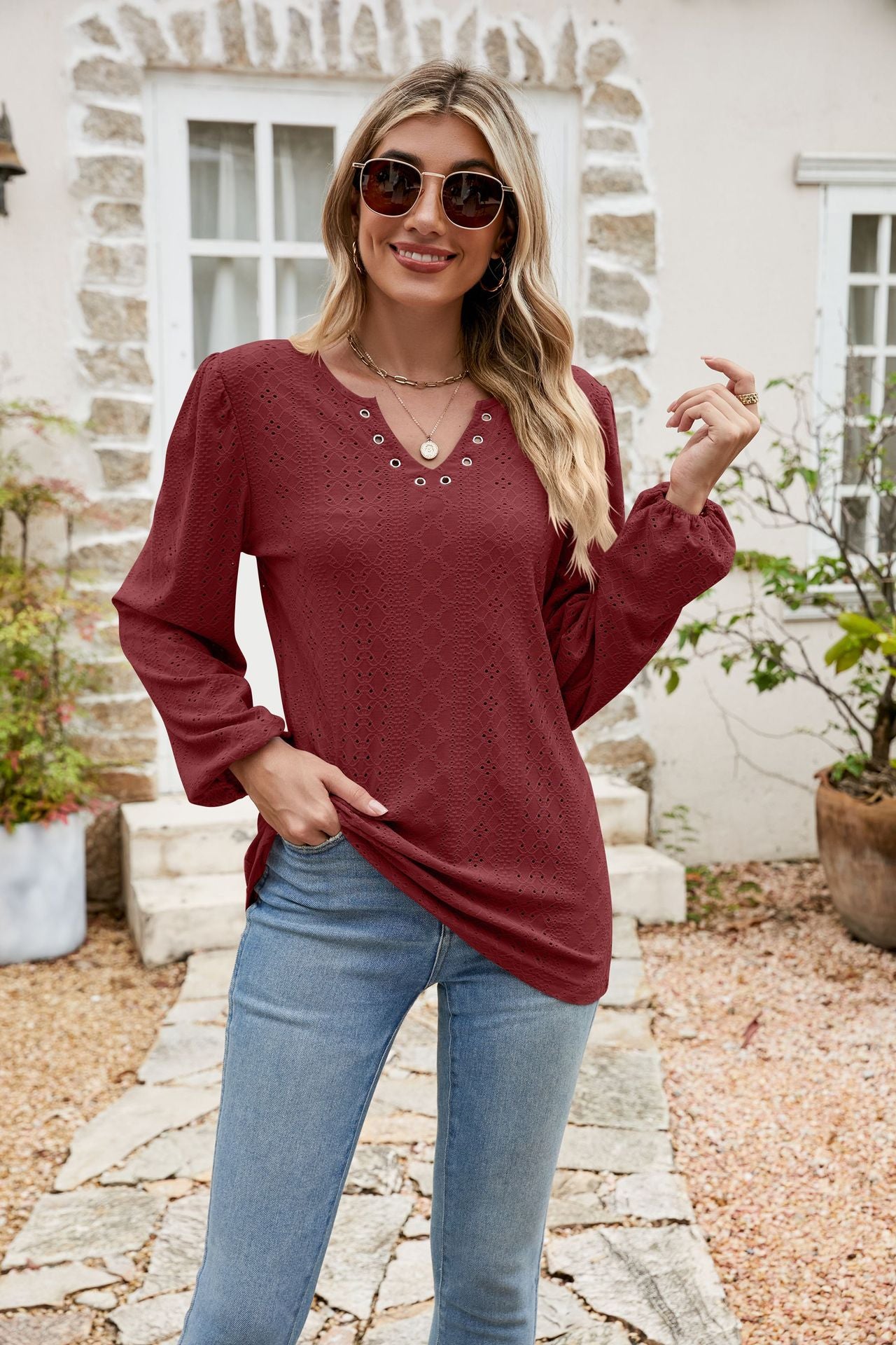 Honeybee Mumford's Eyelet Notched Neck Balloon Sleeve Blouse