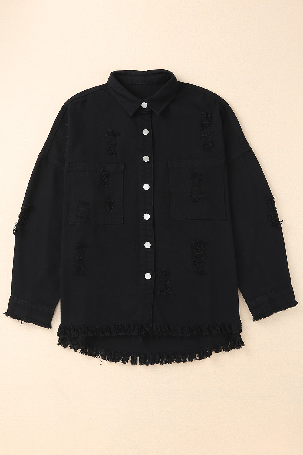 Honeybee Mumford's Black Distressed Fringe Trim Denim Jacket