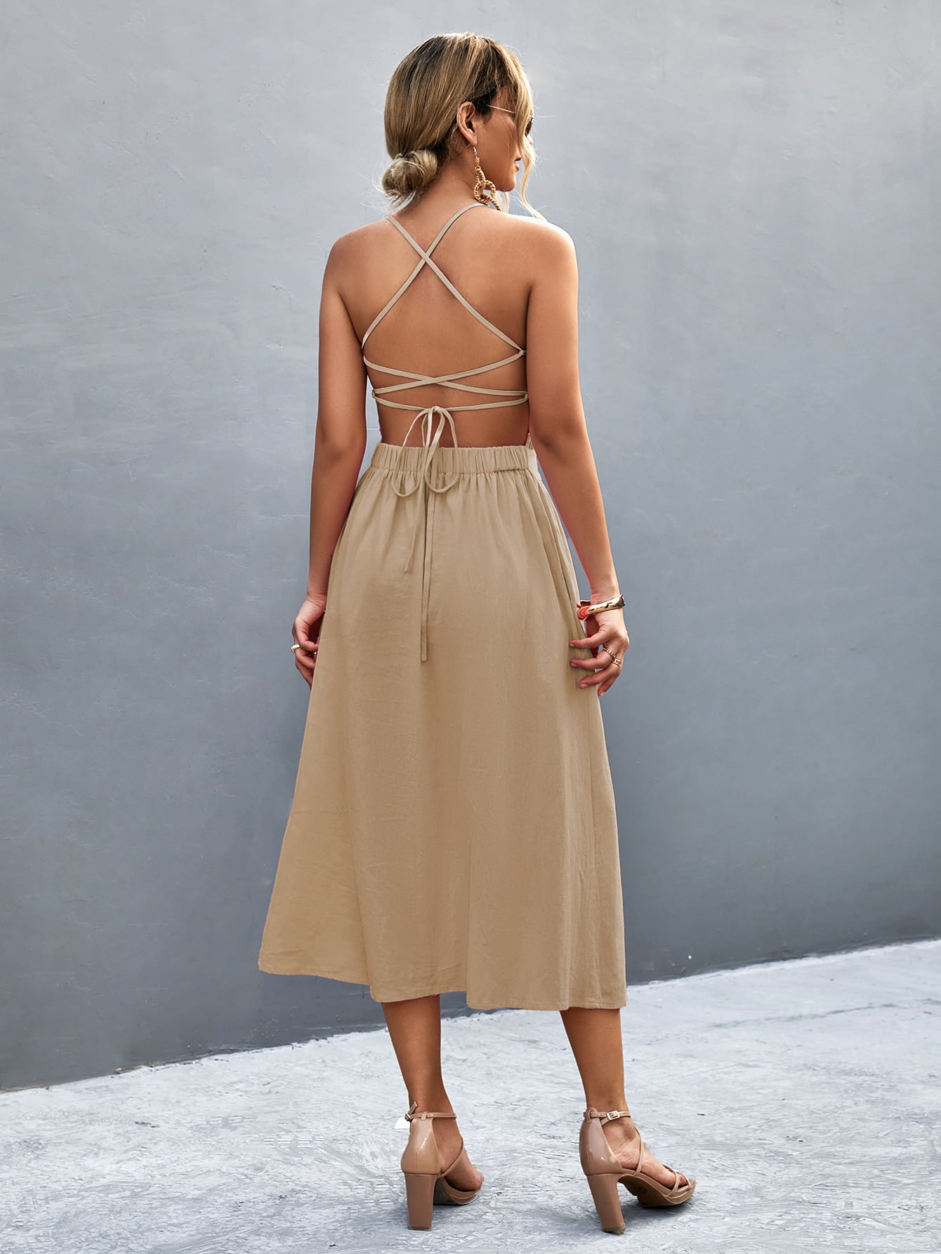 Honeybee Mumford's Buttoned Halter Neck Frill Trim Midi Dress