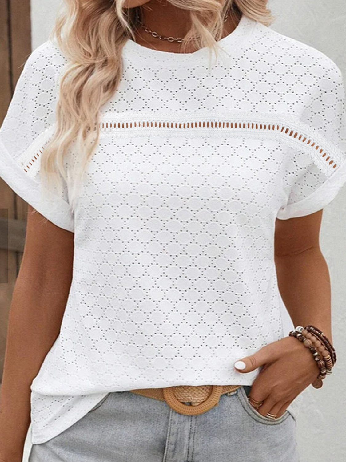 Honeybee Mumford's Eyelet Round Neck Short Sleeve Blouse