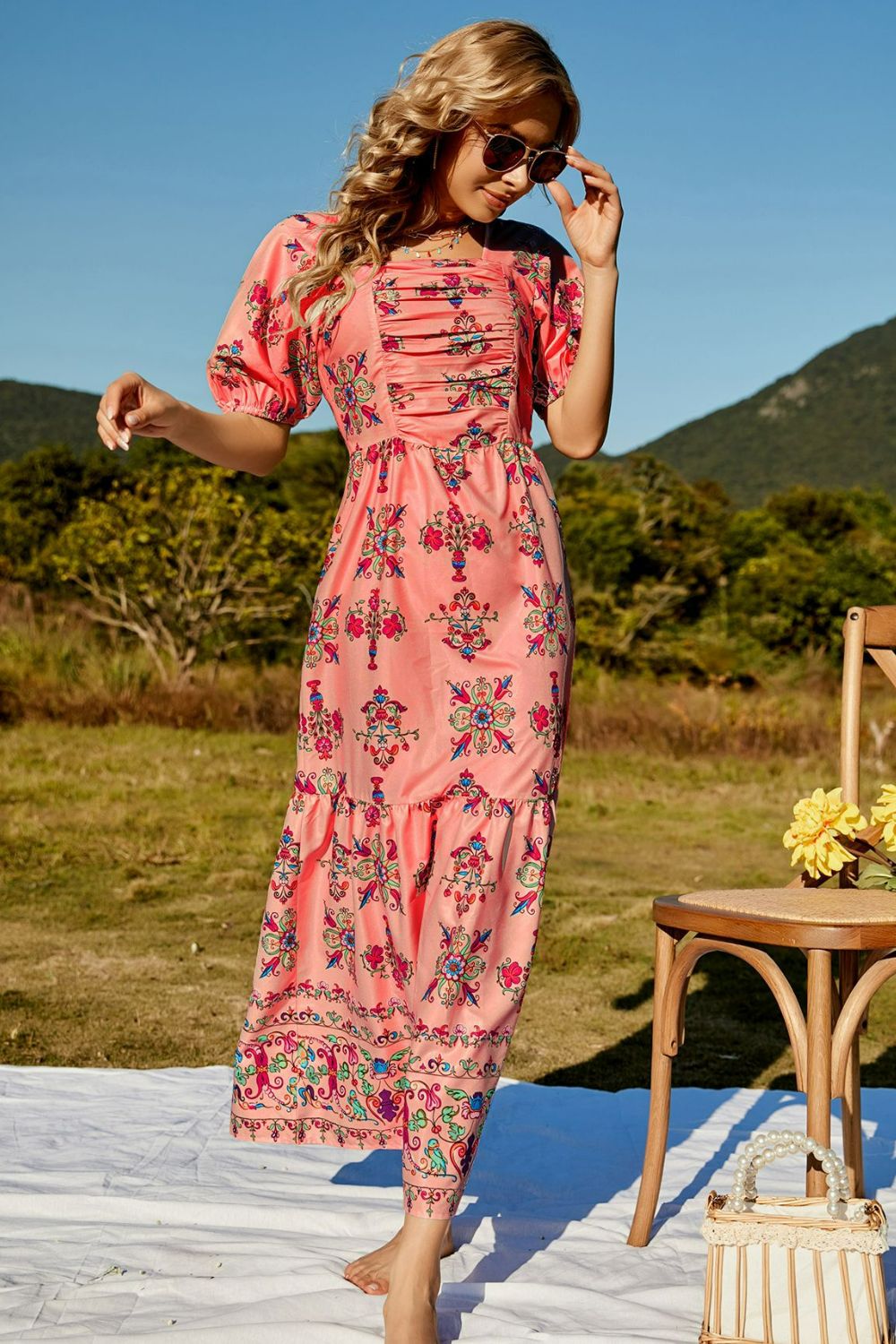 Honeybee Mumford's Casual Floral Ruched Puff Sleeve Tiered Maxi Dress