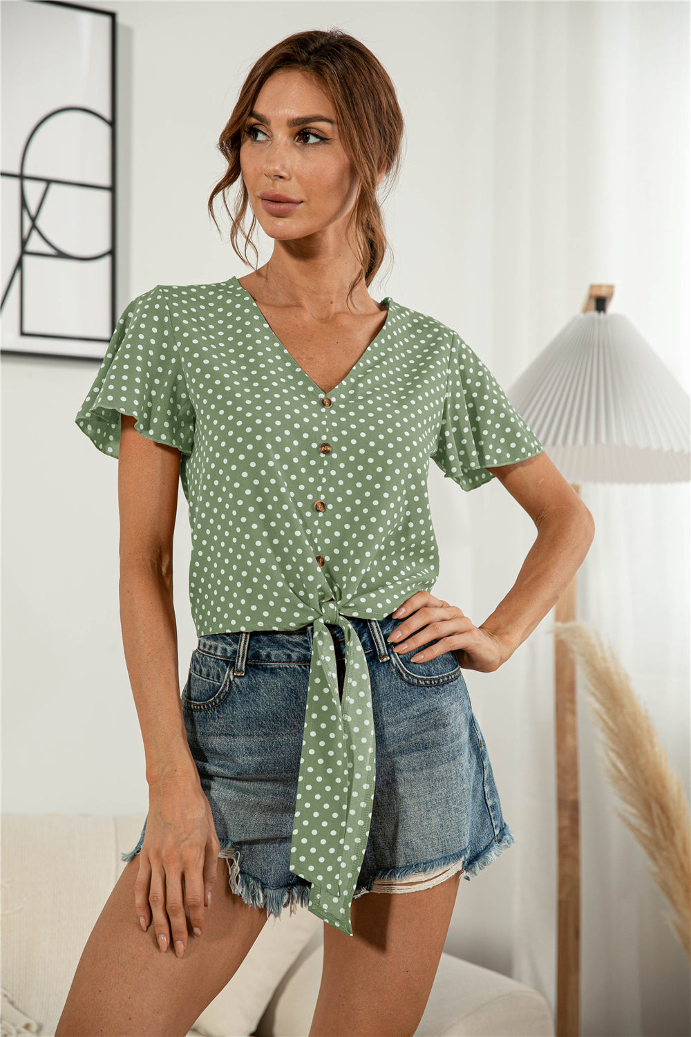 Honeybee Mumford's Decorative Button V-Neck Tied Blouse